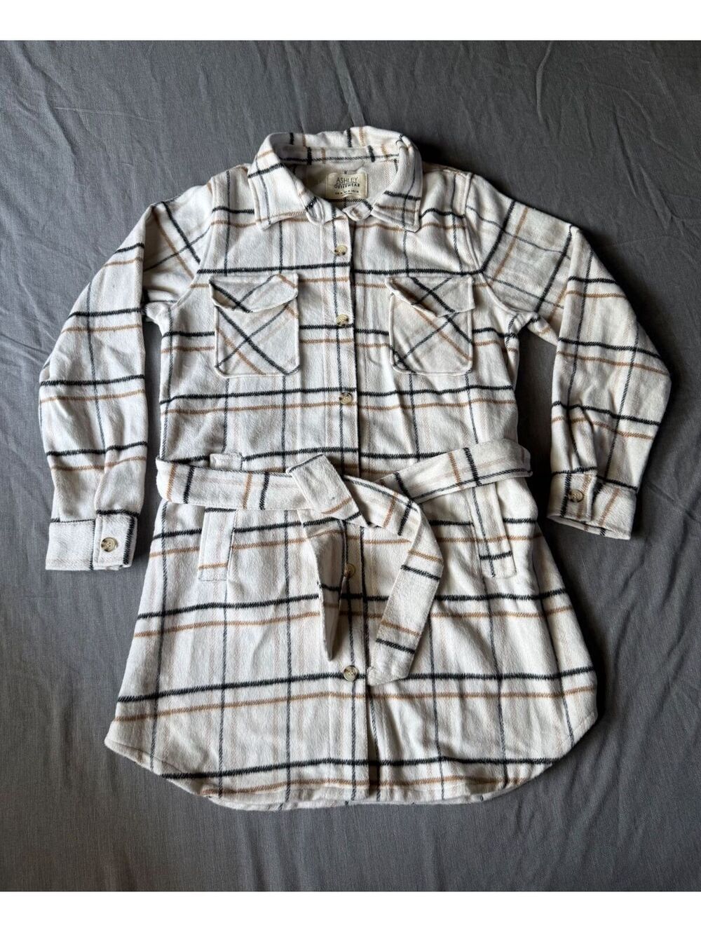 Ashley by 26 International Belted Plaid Shirt Jacket Size M Cream Brown NWT